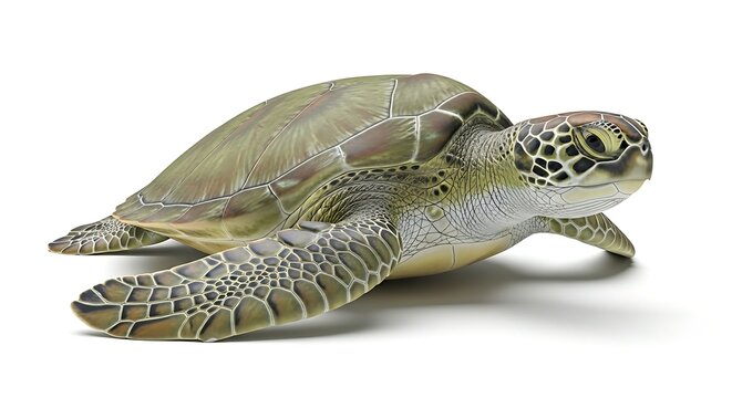 A magnificent green sea turtle with characteristic patterns on its shell is captured in a studio shot.