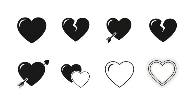 Set of heart symbols: broken, arrow pierced, and outlined variations