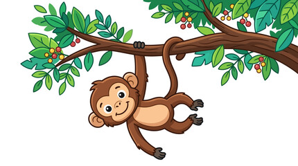 Monkey hanging from tree branch upside down. © Knda