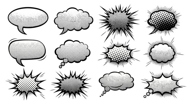 Comic book speech and thought bubbles in halftone style for dynamic designs