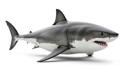 Fototapeta premium A powerful great white shark with its mouth slightly open, revealing sharp teeth, isolated on white.