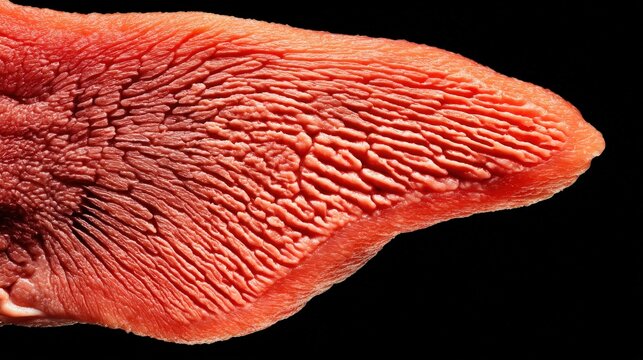 Detailed macroscopic view captures the intricate, rough texture of muscular tissue against a stark black background.