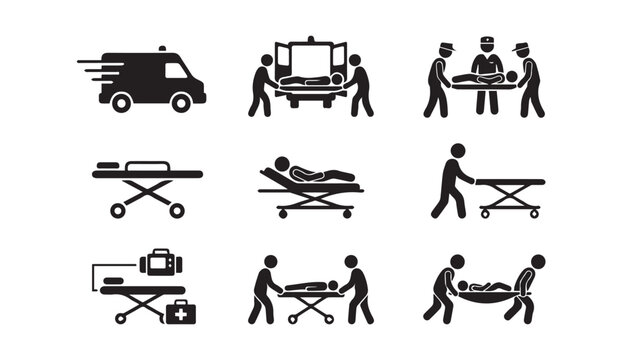 Ambulance and medical transport icons with first aid with medical kit