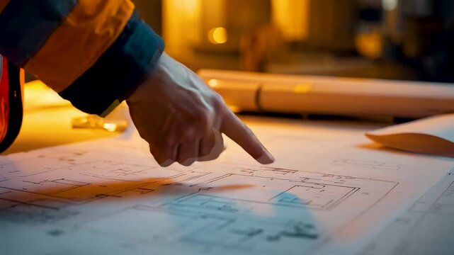 Hand Pointing At Blueprint On Table With Architectural Drawings And Tools