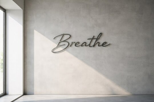 Breathe Typography Signage On Minimalist Concrete Wall, Modern Interior Design For Wellness, Mindfulness, And Meditation, Calm Serenity Concept, Architectural Branding Background With Natural