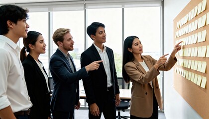 Obraz premium Diverse international business team brainstorming at sticky note board in modern office, agile teamwork and collaboration concept