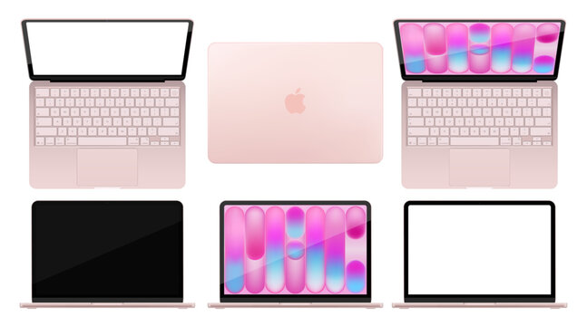 Photorealistic detailed New Apple Macbook NEO 2026 Blush mockup pack. Front, rear and top view isolated on transparent background. Vector editorial PNG
