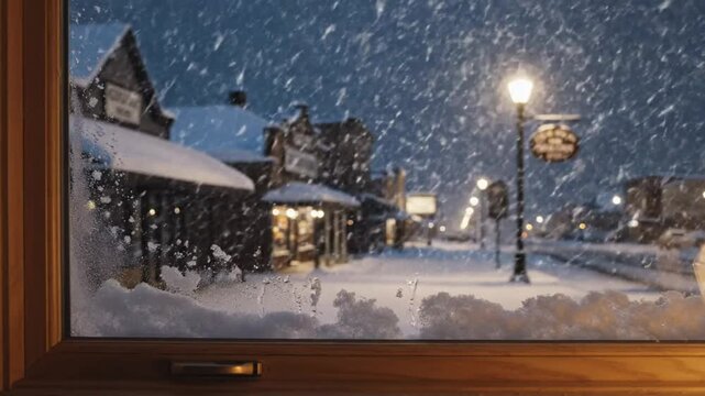 Cozy winter village scene from window with heavy snowfall, old town buildings and lamp posts at night