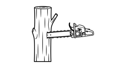 Chainsaw cutting through a tree trunk in a simple black and white illustration © Siam Studio