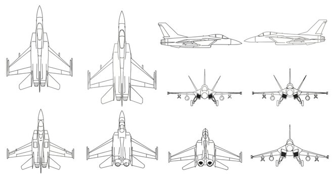 Technical drawings of an f a 18 hornet fighter jet from multiple angles