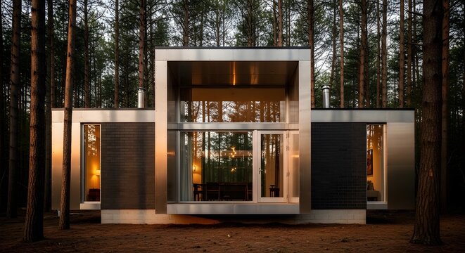 Modern Architectural Gem in the Woods: A sleek, contemporary house nestles harmoniously within a verdant forest, showcasing clean lines, glass windows, and a seamless blend of architecture and nature.