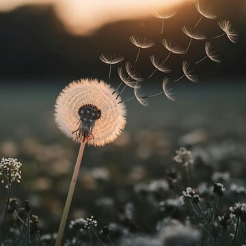 Beautiful dandelion flower blowing seeds in the wind at sunset in a field