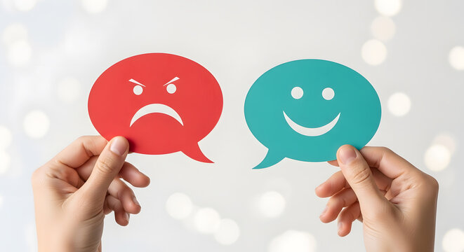 Customer feedback and satisfaction rating symbols | Emotional response and sentiment analysis concept | Happy and angry face icons on speech bubbles | Positive and negative user experience evaluation
