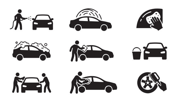 Car wash service icons: cleaning, soap, water and auto detailing