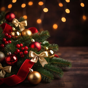 A horizontal poster mockup is clipped and suspended against a light wall, displaying a festive arrangement of evergreen branches, red, green, and gold ornaments, holly leaves, red berries, a red ribbo