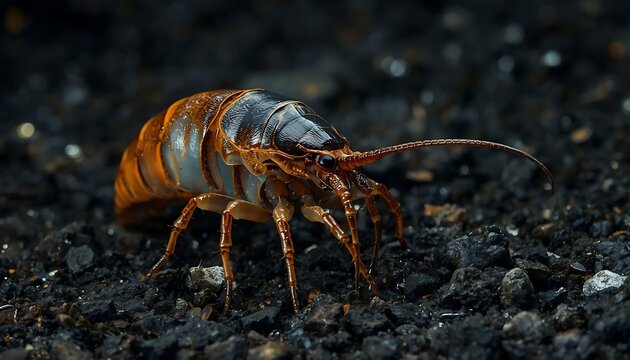 A striking freshwater crayfish with rich orange and black shell colors crawling on dark, rocky substrate.