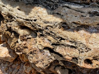 Fototapeta premium The texture of the stone is a close-up under the sunlight. Rocks with minerals on the shores of the Mediterranean Sea in Camyuva, near Kemer, Turkey. Layered structure.