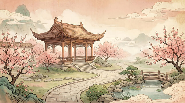 Traditional Chinese pavilion surrounded by cherry blossoms in a serene spring garden landscape