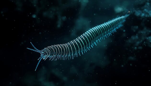 A mesmerizing deep-sea polychaete worm with intricate feathery structures elegantly extended in dark, clear water.