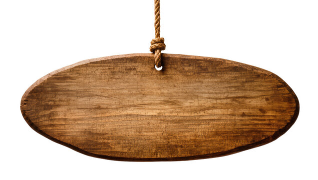 Rustic oval wooden sign hanging by rope, isolated on transparent background