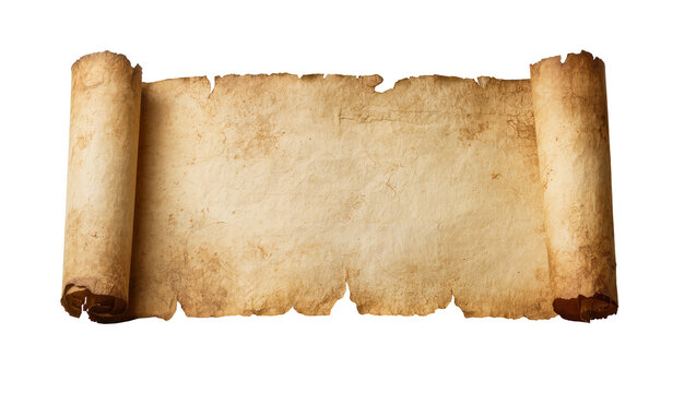 Aged parchment scroll with rough edges, isolated on transparent background