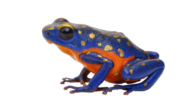 Blue and orange poison dart frog with golden spots, isolated on transparent background