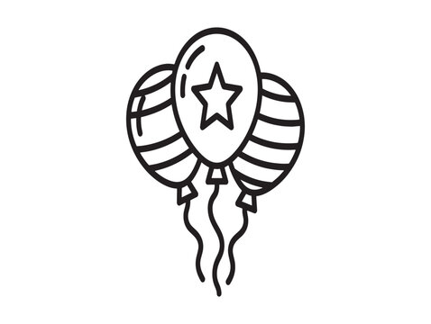 A black and white illustration of three striped balloons with a star on one