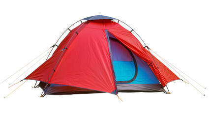 Vibrant red dome camping tent with open entrance, isolated on transparent background © Cristian