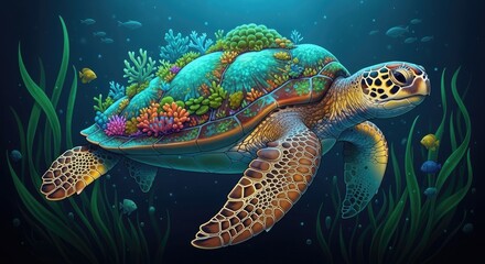 Naklejka premium Vibrant sea turtle swimming underwater amidst coral reef