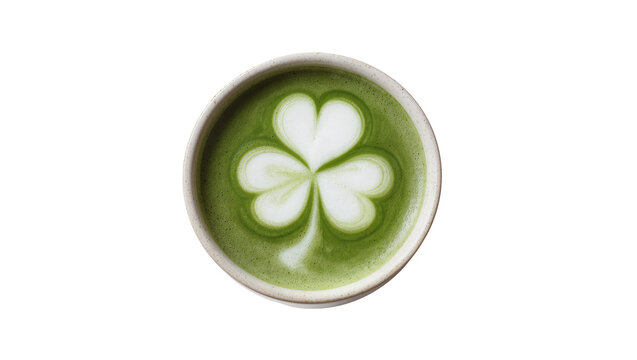 Matcha latte with white three-leaf clover art, isolated on transparent background