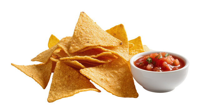 Golden tortilla chips and red salsa, isolated on transparent background