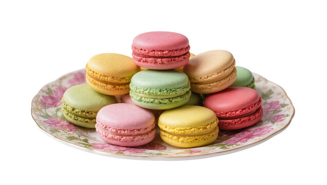 Pile of colorful macarons on a flowered plate, isolated on transparent background