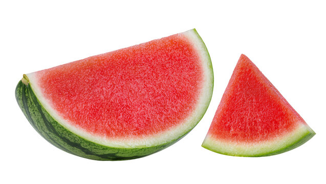 Red watermelon slices green rind, perfectly isolated on transparent background