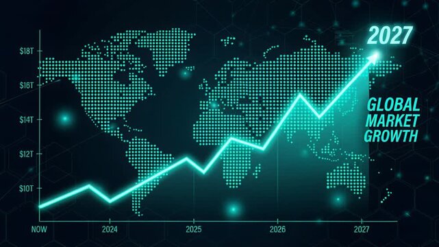 Glowing chart showing global market growth reaching 2027. Digital world map with rising financial trend line for economic forecast and new year future analysis.