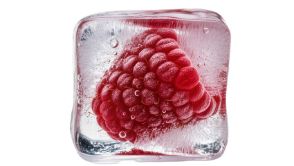 Red raspberry frozen in a clear ice cube, isolated on transparent background © Cristian