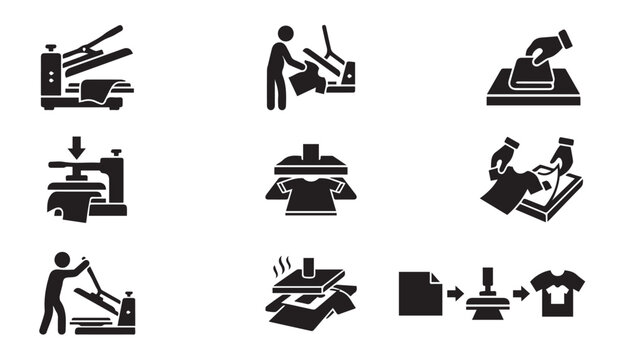 Heat press printing machine icons set - custom t-shirt garment sublimation