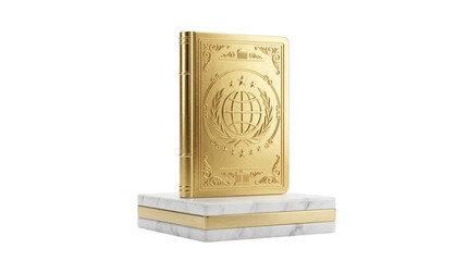 Fototapeta premium Ornate Golden Ledger Symbolizing Global Knowledge and Achievement on Marble Pedestal
