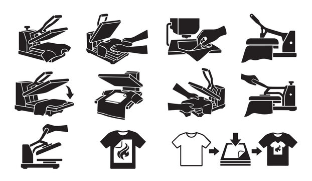T-shirt printing heat press process icons set - apparel customization graphic