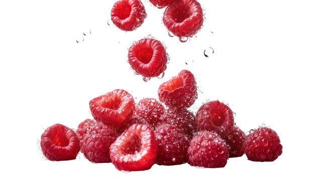 Red raspberries with water droplets, isolated on transparent background