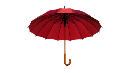 Obraz premium Open red fabric umbrella with curved wooden handle, isolated on transparent background