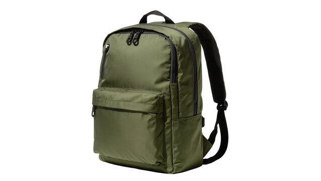 Olive green backpack black zippers, isolated on transparent background