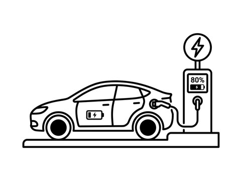 Electric vehicle charging station vector line icon. EV car battery charging process concept with status indicator
