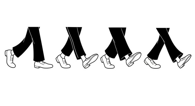 Walking sequence of classic shoes in black and white silhouette