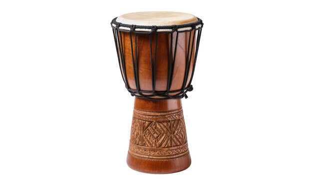 Traditional African wooden djembe drum with carved base and natural skin head, isolated on transparent background