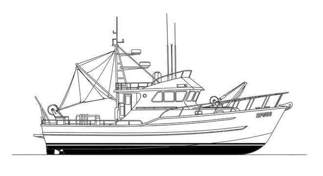Detailed fishing boat side view in black and white line art