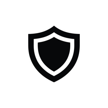 A simple black and white illustration depicting a classic shield shape with a white interior