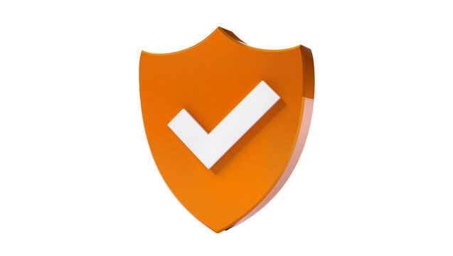 Orange shield white checkmark, isolated on transparent background for protection