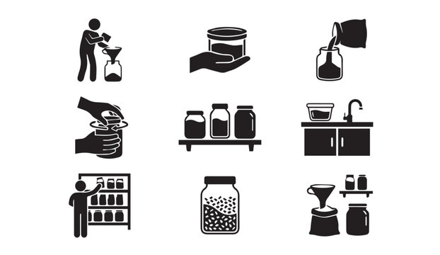 Food preservation and storage icons. people filling jars