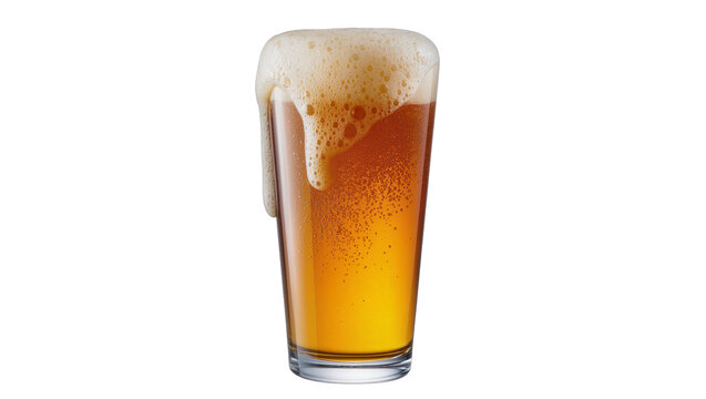 Golden amber beer in a tall pint glass with overflowing frothy white foam dripping down the side, isolated on transparent background