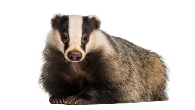 European badger with distinctive black and white striped face lying down, isolated on transparent background